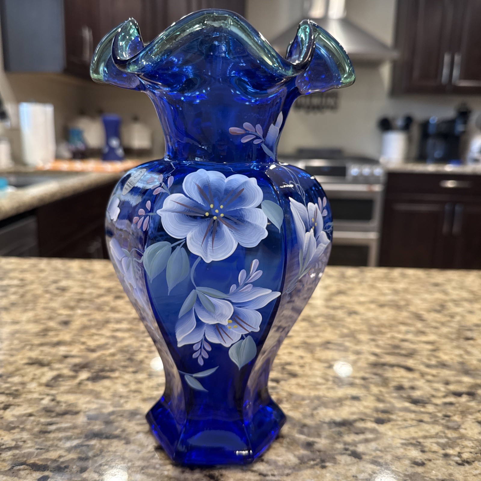 Fenton Hand painted 75th Celebration Vase 1998 Cobalt Blue Green trim Signed