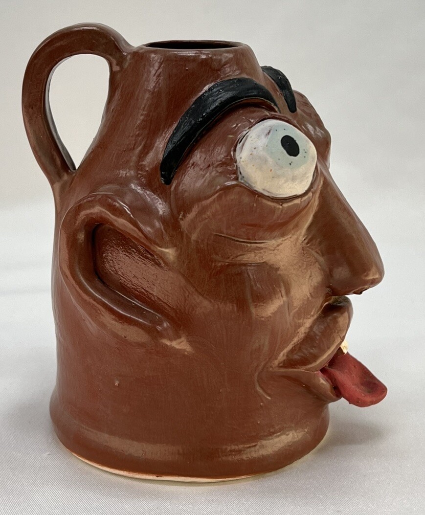 Vintage Face Head Jug Vase Mug Folk Pottery Devil Tongue Lips Teeth Eyes OOAK
