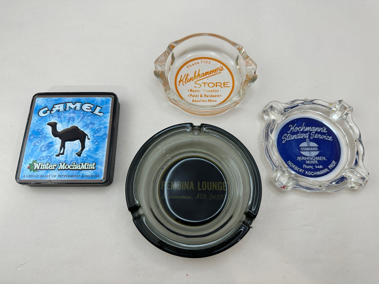 VTG Mixed Lot Glass (3) Ashtray Souvenirs & Camel Winter MochaMint Cigarette Tin
