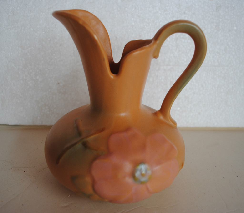Antique Weller Pottery PITCHER 7″ Peach Pink Floral Design w green highlights