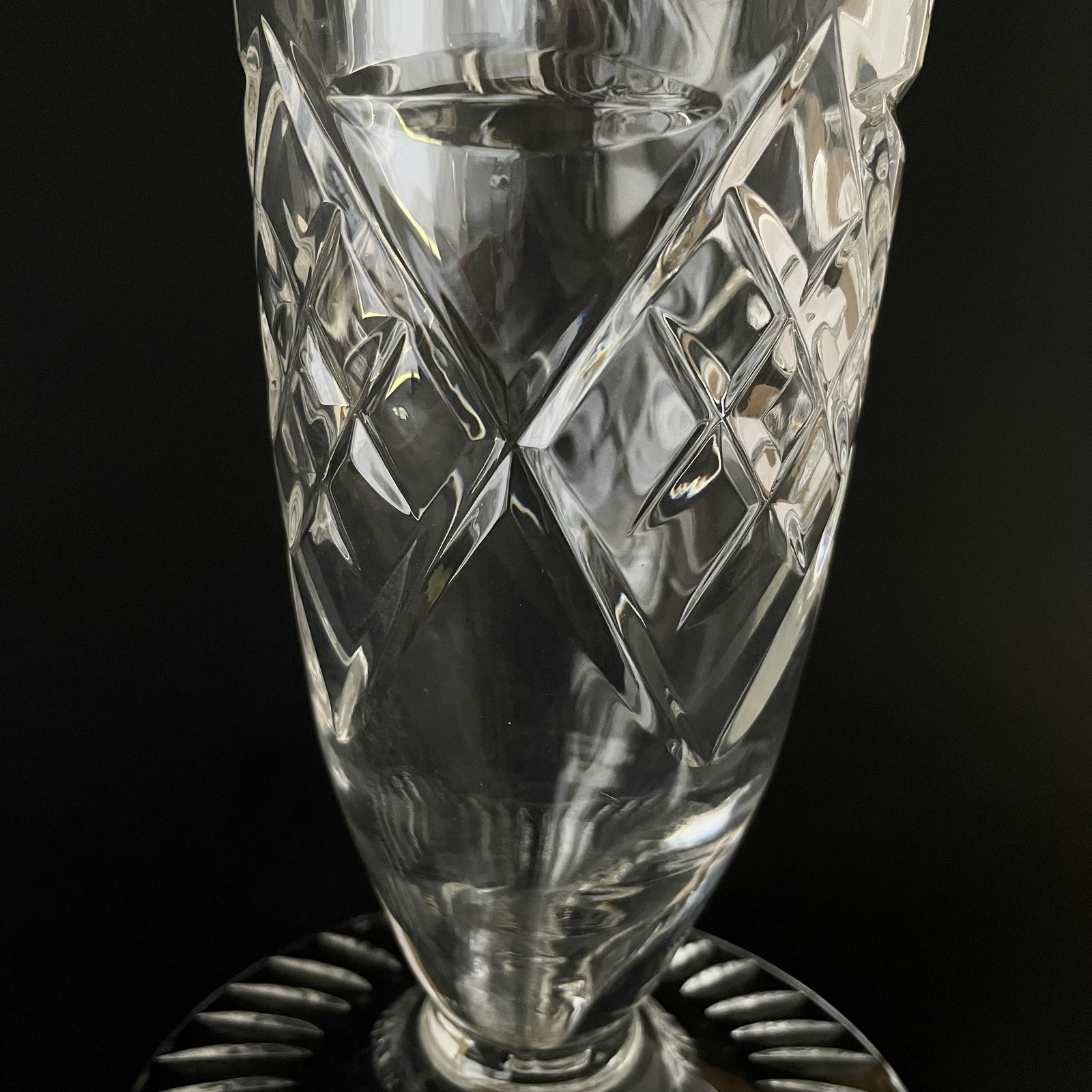 Vintage Cut Crystal Trumpet Vase 11″ Clear Starburst Pinwheel Etched Star Heavy