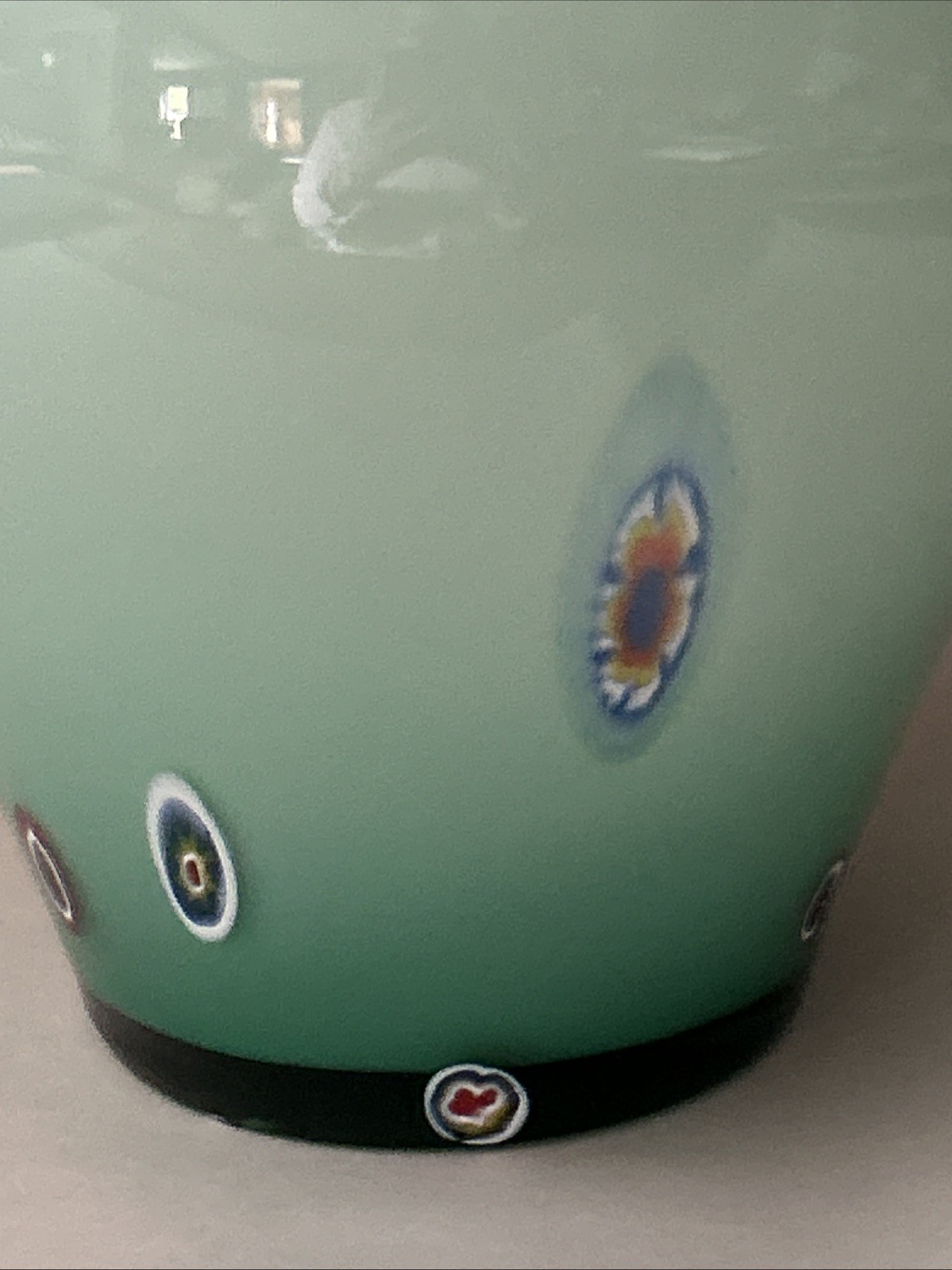 Large Italian Millefiori Arte Murano Lavorazione Mint Green Cased Vase 10.25″