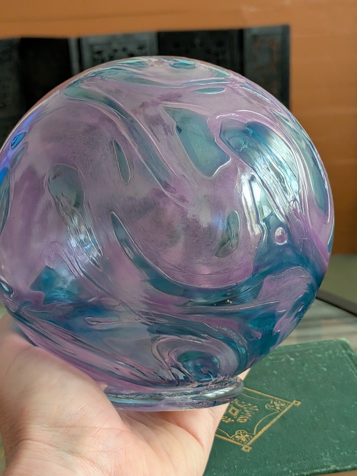 Pyromania Oregon Float Large Purple Art Glass Ball Orb Sphere Blue Swirl Signed