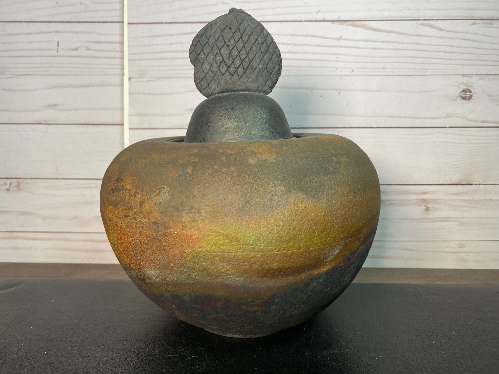 Jay Gogin 85 Signed Raku Pottery Vessel Vase with Buddha Lid with Cutout Diamond