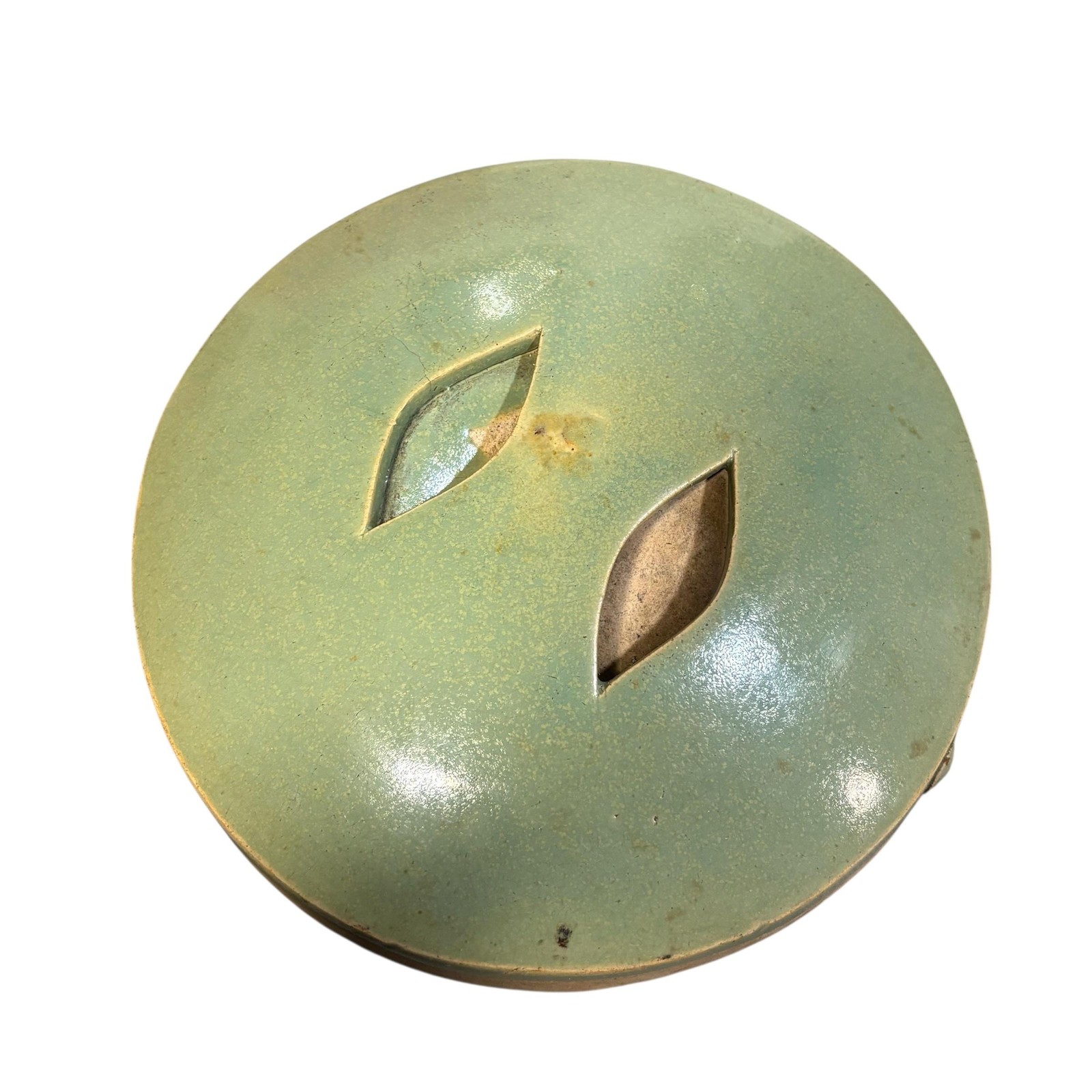 Celadon Green Glazed Stoneware Round Lidded Jar Vented Lid Asian Pottery Signed