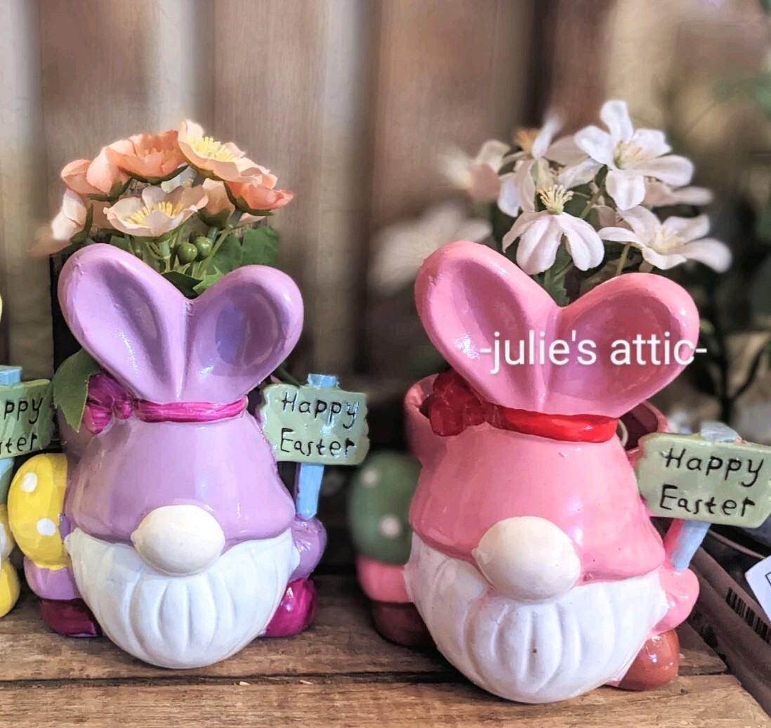 Ceramic Easter Bunny Gnome Planter Vase Set of 2 Purple & Pink-Rare🐰