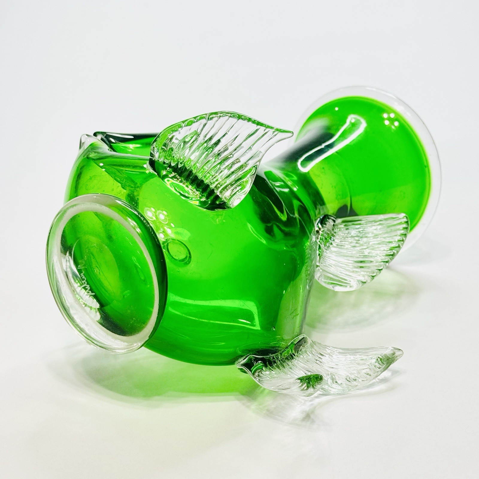 Vintage Signed Art Glass Fish Vase Emerald Green Blown MCM Style Applied Fins