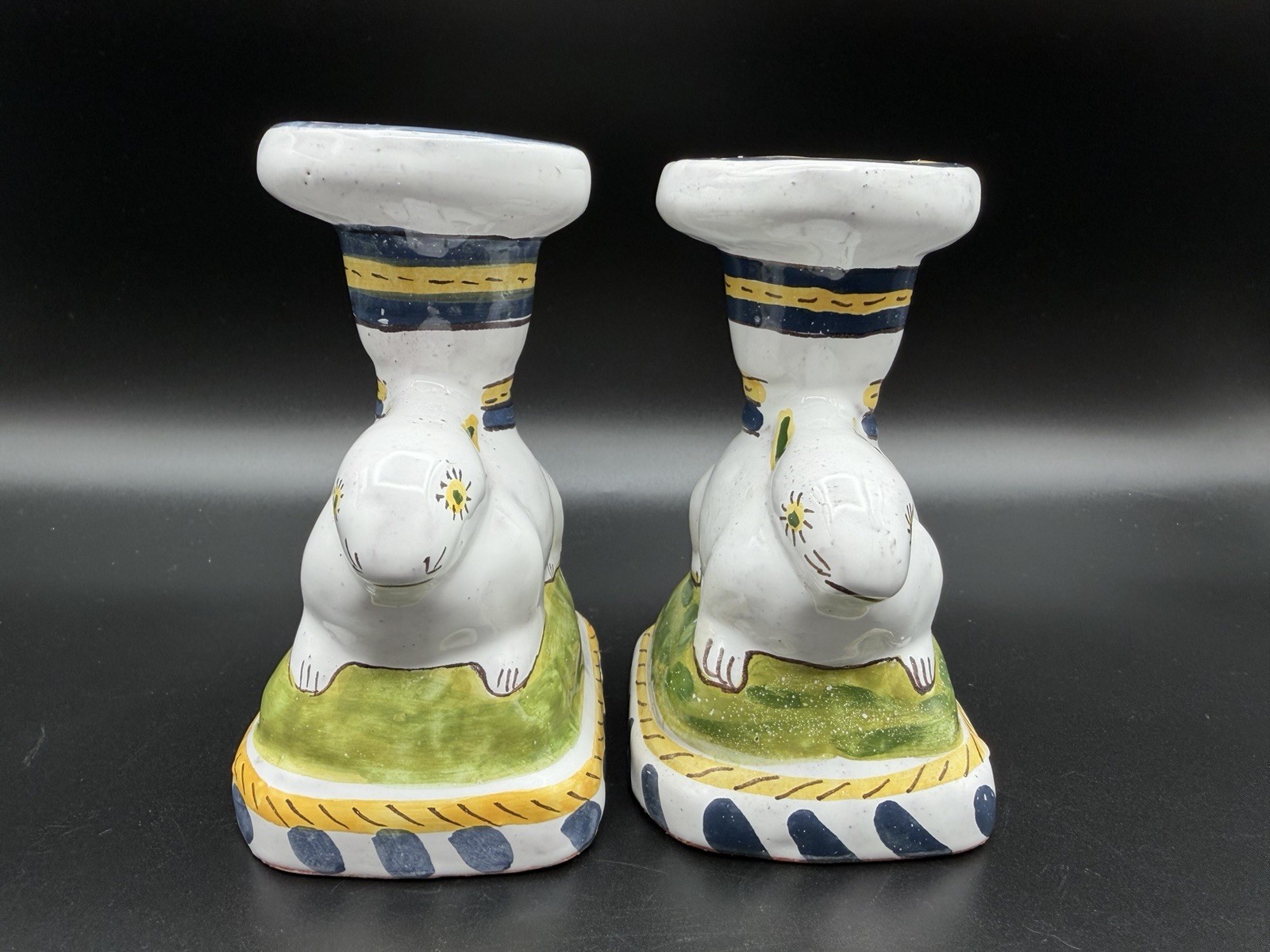 Art Pottery Bunny Rabbit Candle Holders 5” Hand Painted Pair Easter Portugal