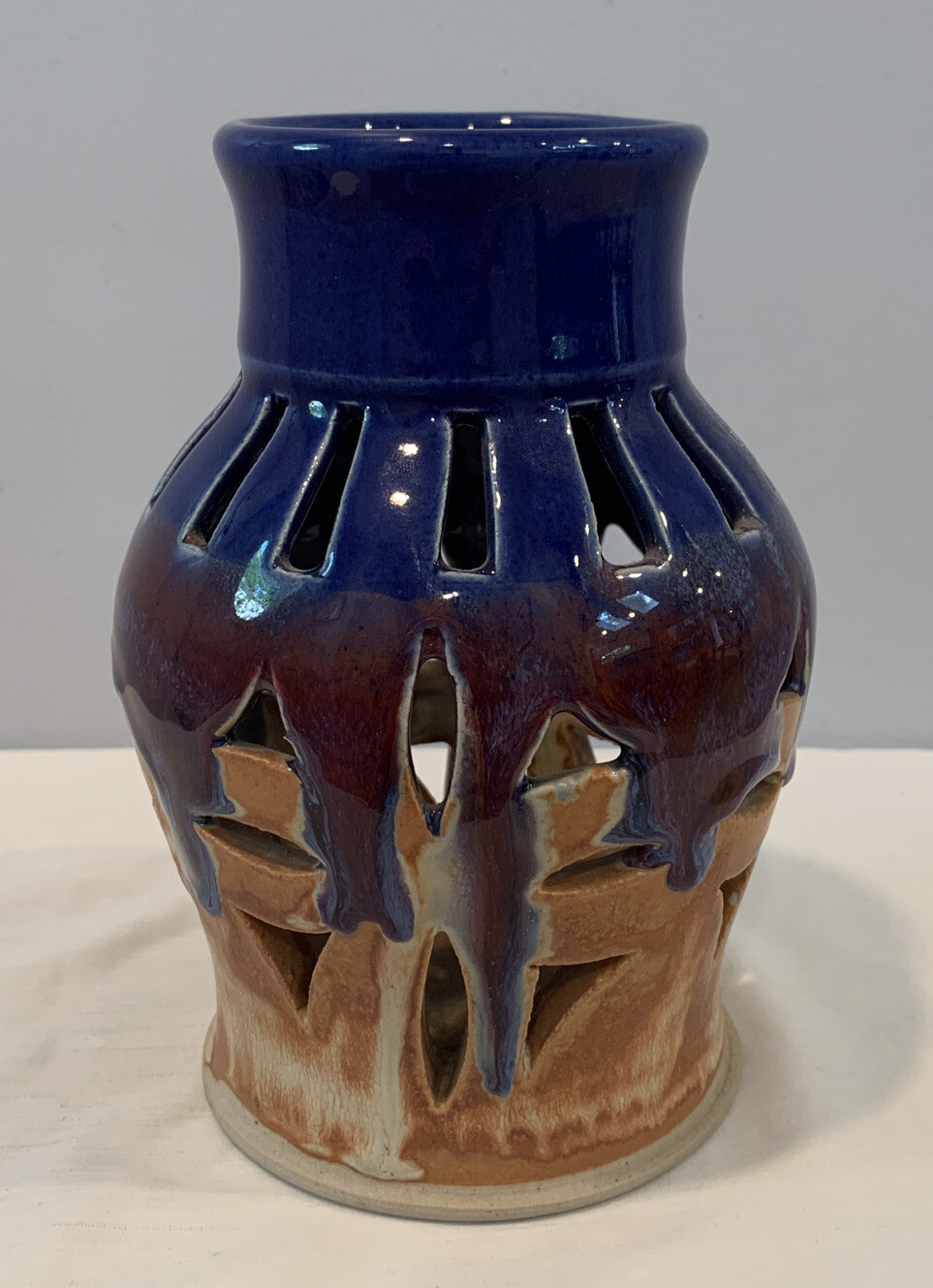 VTG Pierced Art Pottery Votive Holder Cobalt Blue & Brown Glaze Signed And Dated