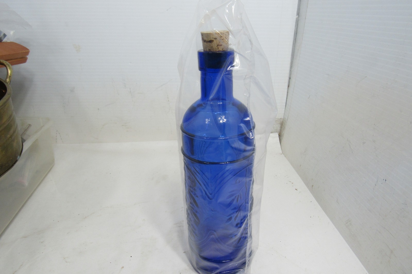 Cobalt Blue Glass Bottle Rare Narrow Thick Round 9.5″ x 2.5″ Grapes Vine