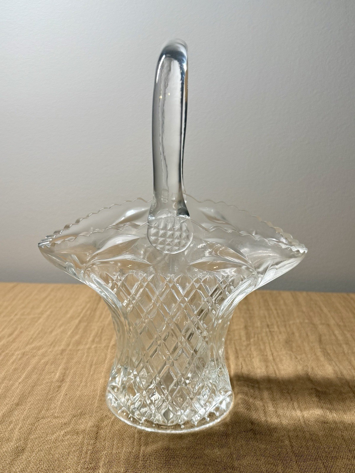 Vintage Lead Glass Cut Crystal Basket Vase w/ Handle 10.5″ Tall 7.5″Wide HEAVY