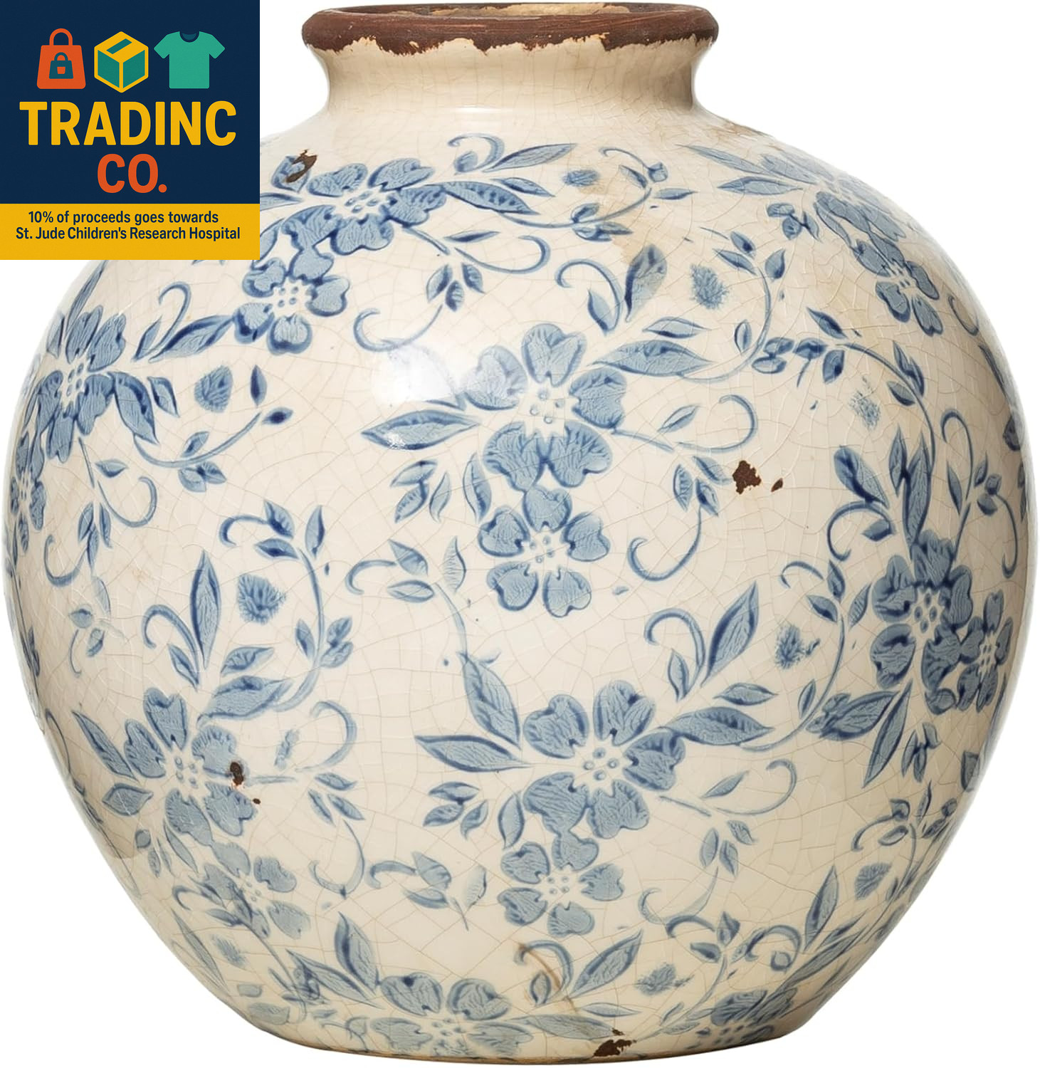 DF2720 8″ H Terracotta Floral Transferware Pattern & Crackle Finish Vase, Blue