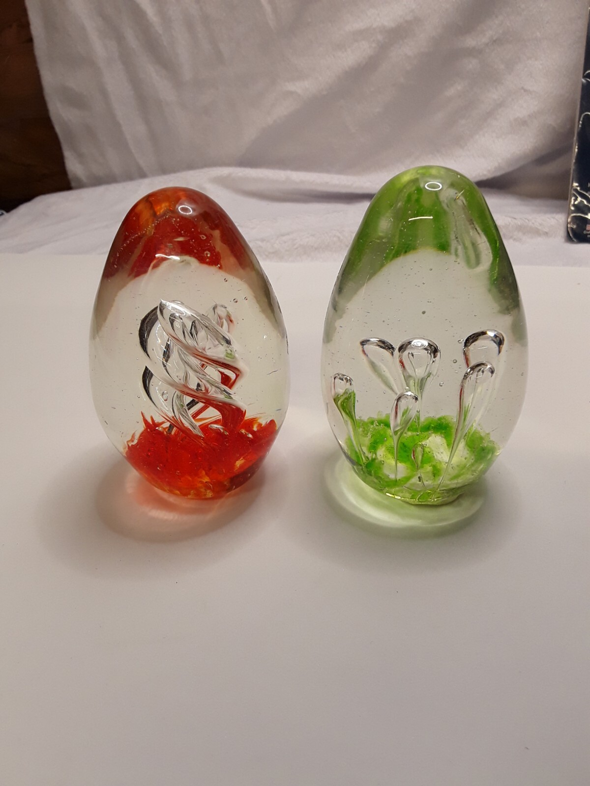Glass Eggs Controled Bubbles In Green And Orange Paperweights