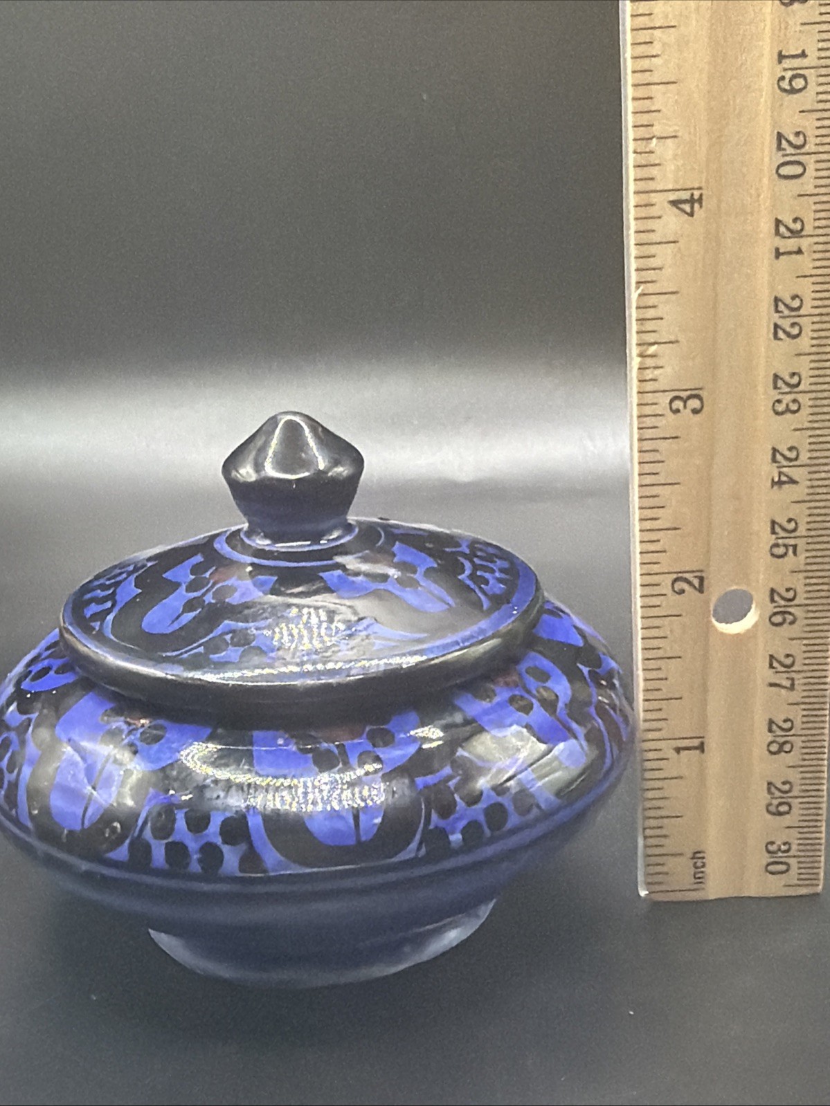 Vintage Moroccan Small Blue Black Painted Pottery Lidded Pot Container Trinket