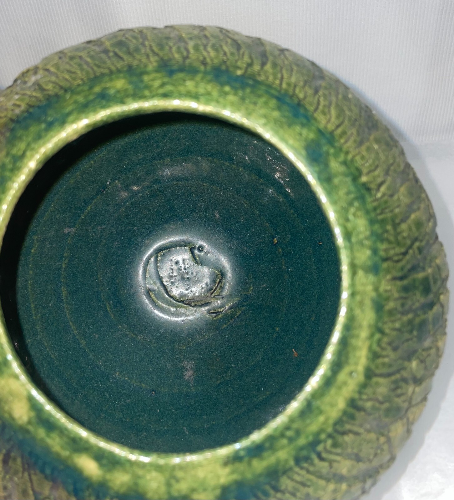 Vtg Kera Textured Green Spherical Vase Ceramic Artist Signed 6 1/2 Inches High