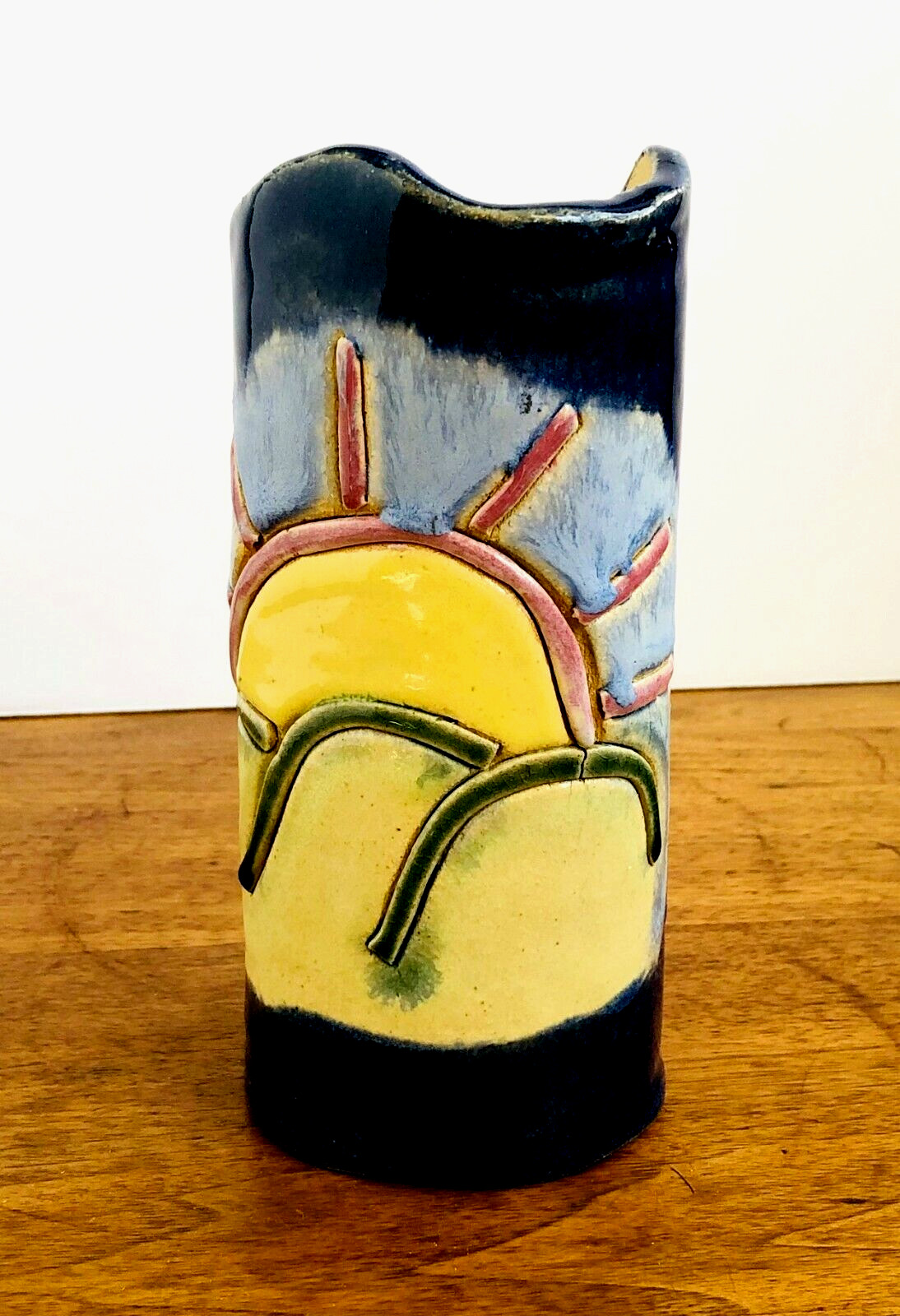 Sunrise & Mountains Slab Vase Hand Made Glazed Pottery 6 3/4″ Signed 1998 C252