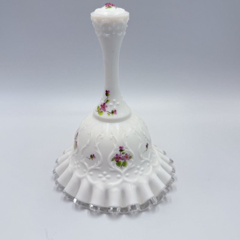 Fenton Violets In Snow Spanish Lace White Milk Glass Purple Flower Bell Signed