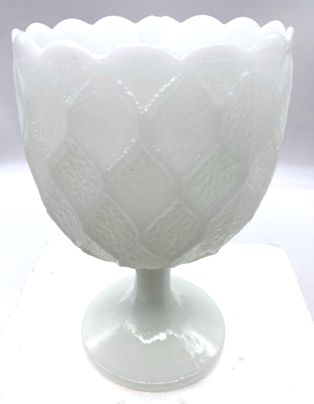 Vintage Milk Glass Chalice 6.25″ Harlequin Diamond Pattern Scalloped Top