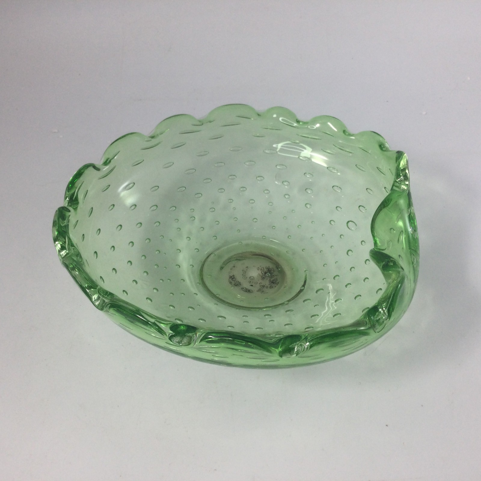 Vintage Green Glass Ashtray Hand Blown Control Air Bubbles Scalloped Edges READ