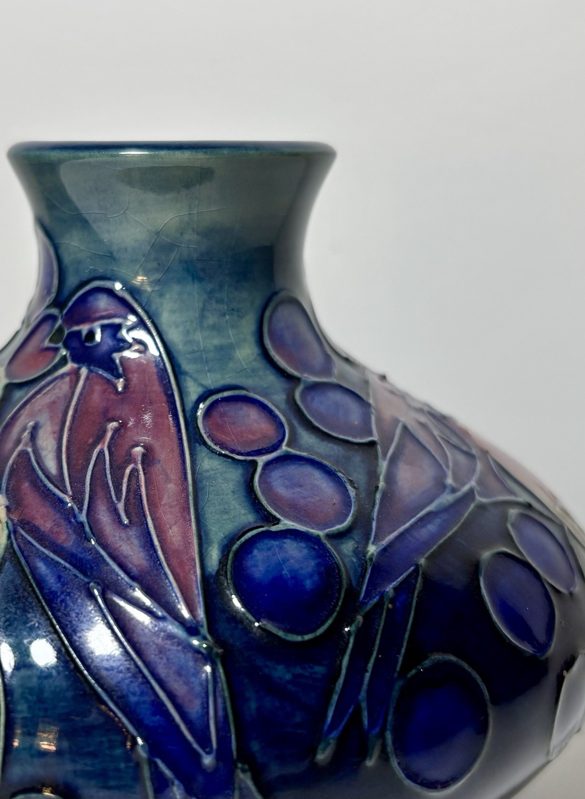 Moorcroft Squat Vase Finches & Fruit Blue Green 10.5cm Sally Tuffin 1993 Box