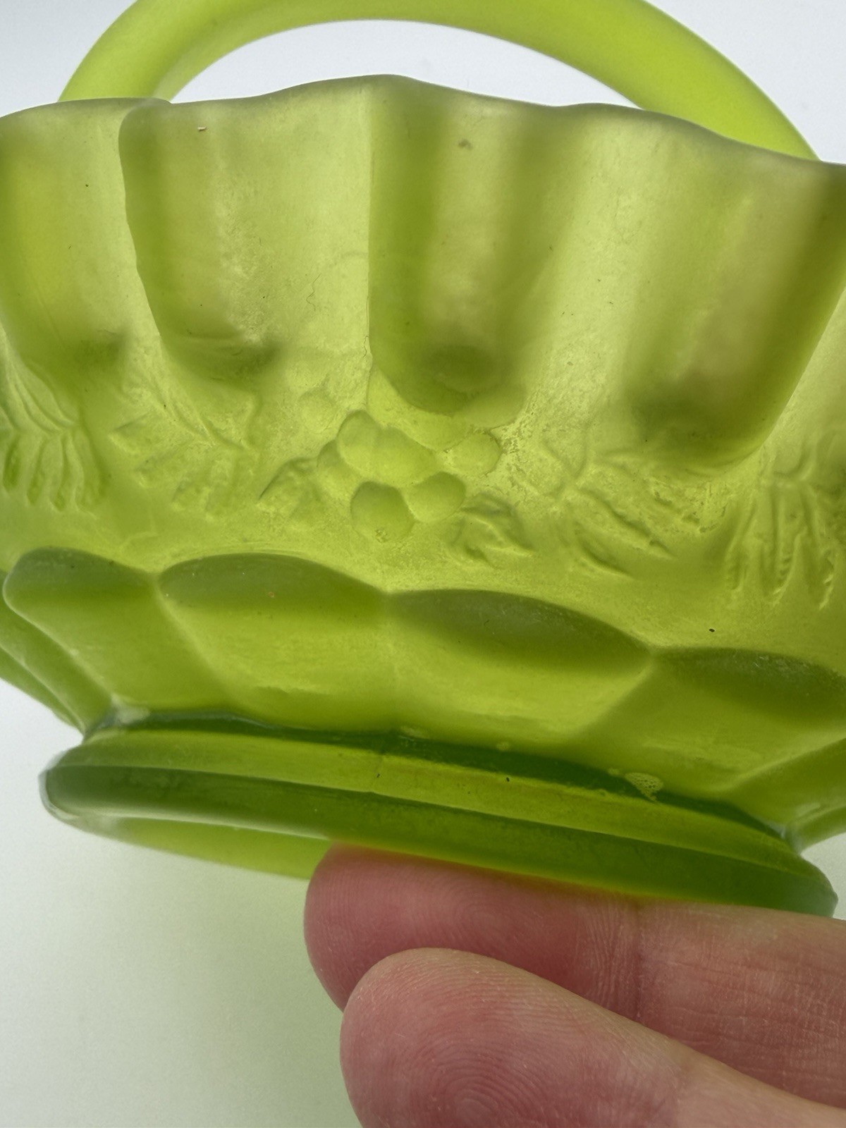 Westmoreland Frosted Green Glass Basket Handle Ruffled Rim Vintage Candy Dish