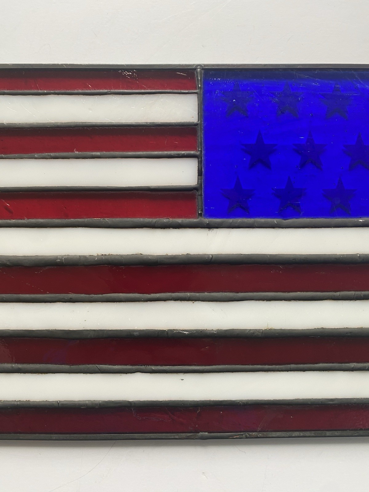 Leaded Stain Glass American Flag Window Panel 12”x7.25” Hanging Loops Sun Catch