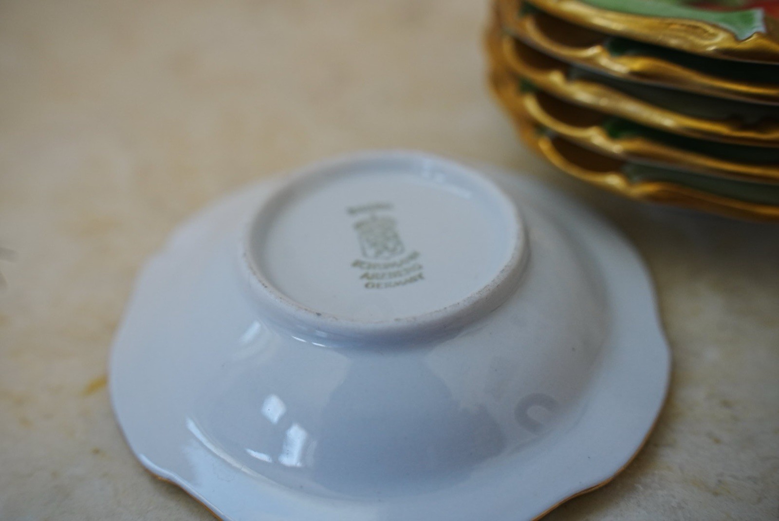 Vintage RS Germany Porcelain Ashtray Set (6) Hand Painted Cherries Gold Trim