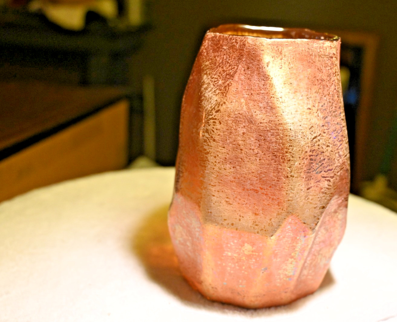 Vintage Hand Blown Iridescent Copper Art Glass Vase Faceted Studio Glass
