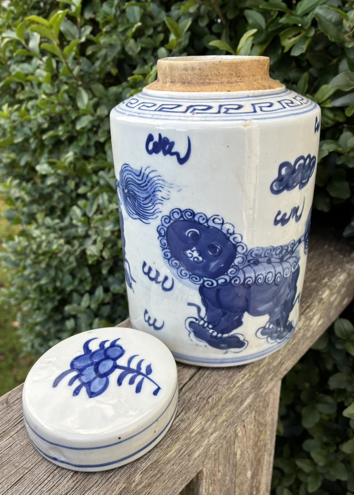 Asian Ginger Jar Blue & White Lidded Urn Chinese Foo Dogs Vintage Antique Style