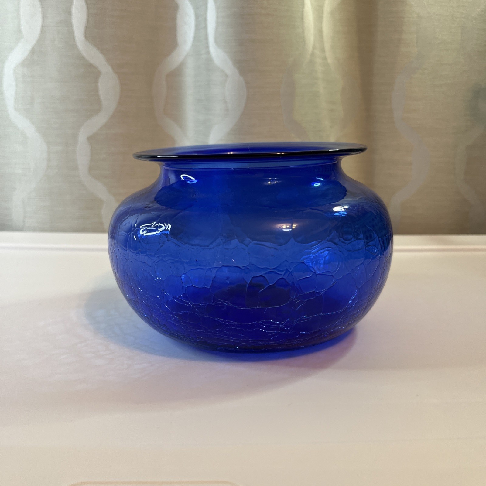Vintage Art Glass Handblown Cobalt Blue Wide Mouth Vase Crackle Glass