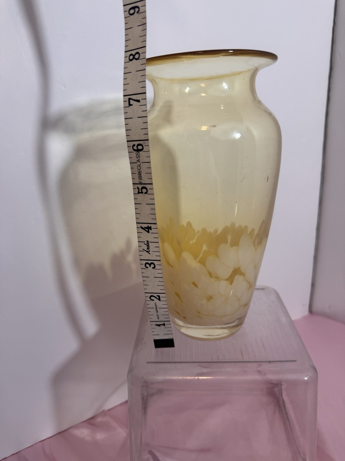 Vintage Blown Glass Vase Yellow And White Decorations Approx 8″ tall