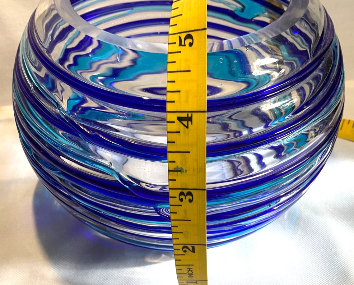Art Glass Vase Hand Blown Clear Round Blue/Teal Swirls 6” Wedding New Home Gifts