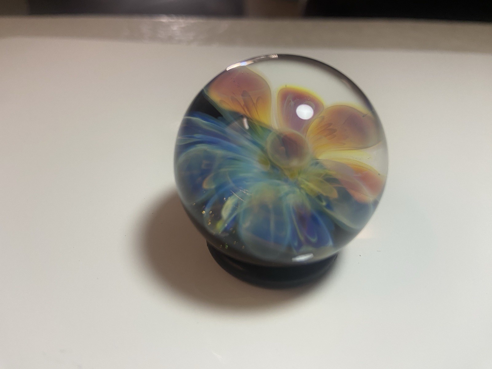 Art Glass Flower Paperweight Blue Clear Yellow Floral Decorative Sphere