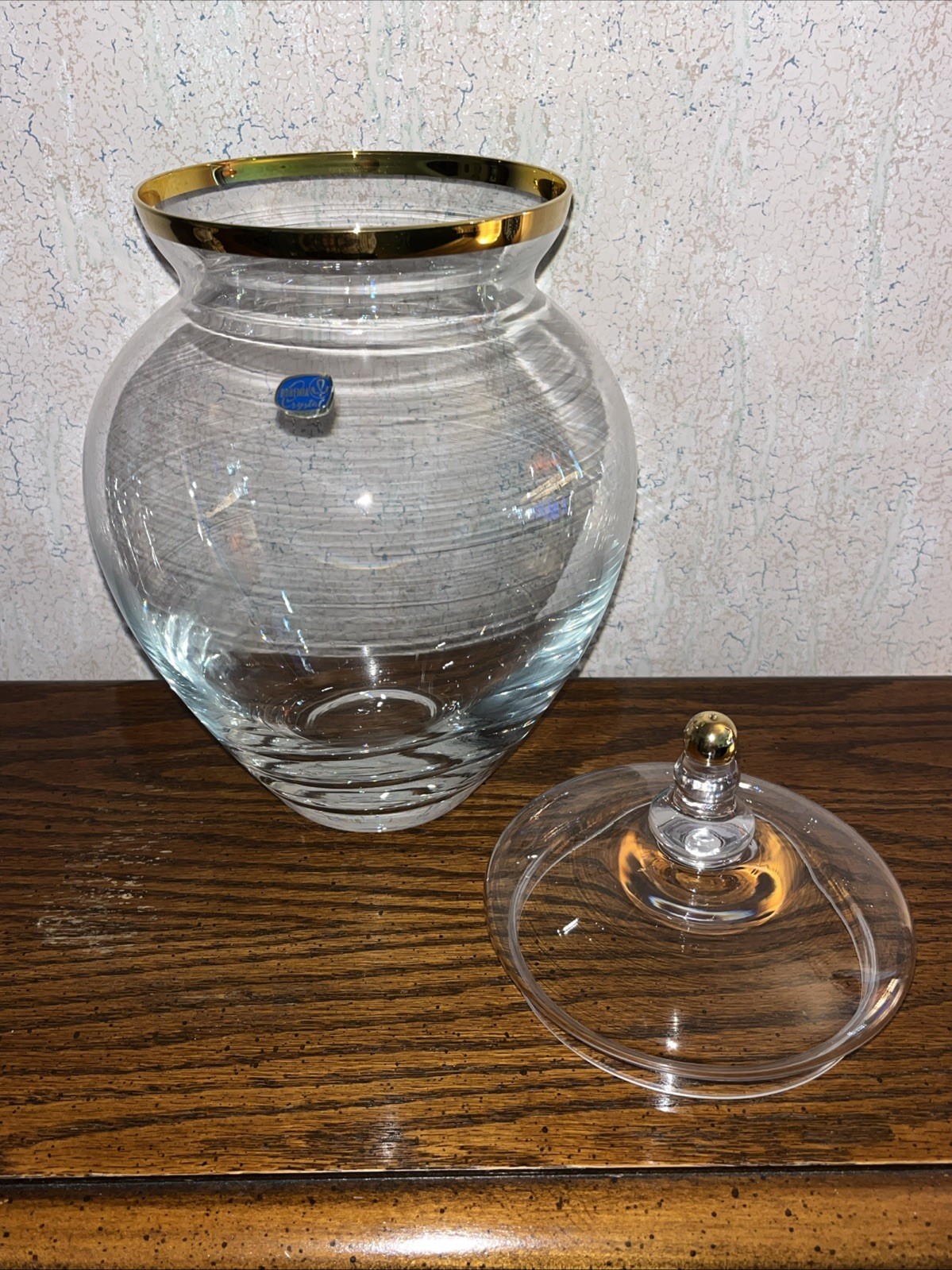 Bohemia Crystal Apothecary Jar w/ Lid Gold Trim – Czech Republic 12″ Vintage