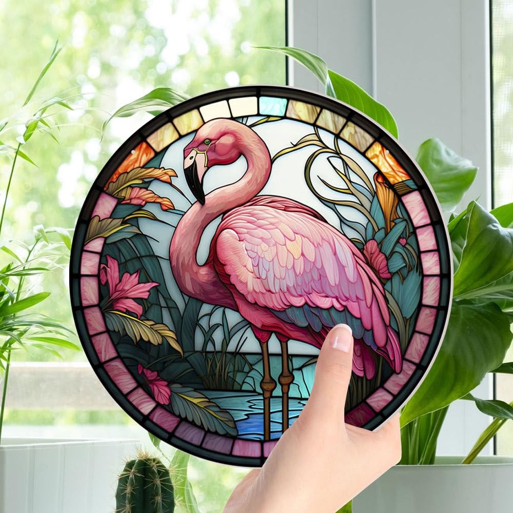 Flamingo Round Stained Acrylic Window Hanging Panels Indoor Outdoor Windows H…