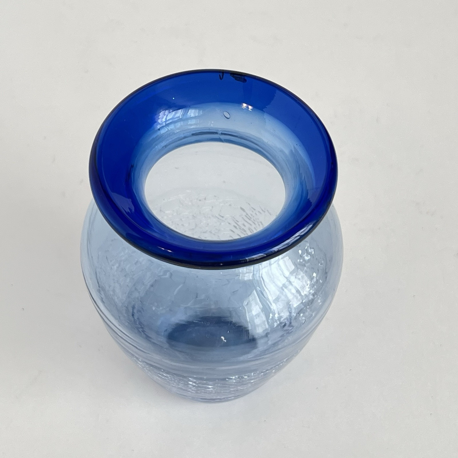 Vintage Art Glass Vase Handblown Crackle Glass Clear And Blue 5 Inch