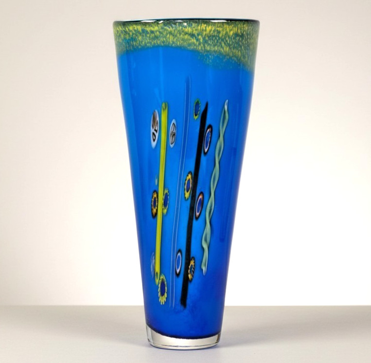 Murano Inspired Art Glass Vase 12″ Blue Millefiori MCM Heavy 5lb Spatter Rim