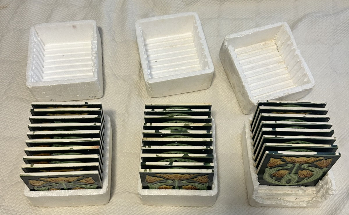 Lot of 28 – Art Nouveau tile, Glazed raised relief tile, 6 x 6 inches, 1920’s
