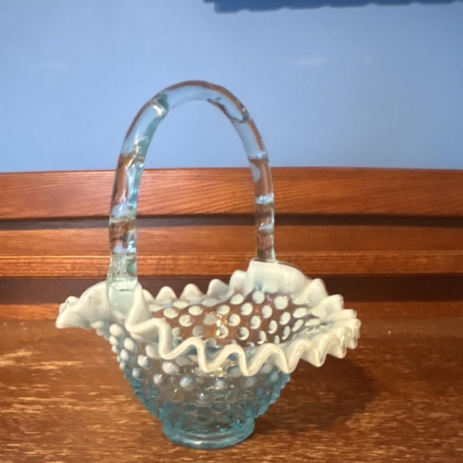 Blue Opalescent Hand Blown Art Glass Hobnail Pattern Decorative Basket