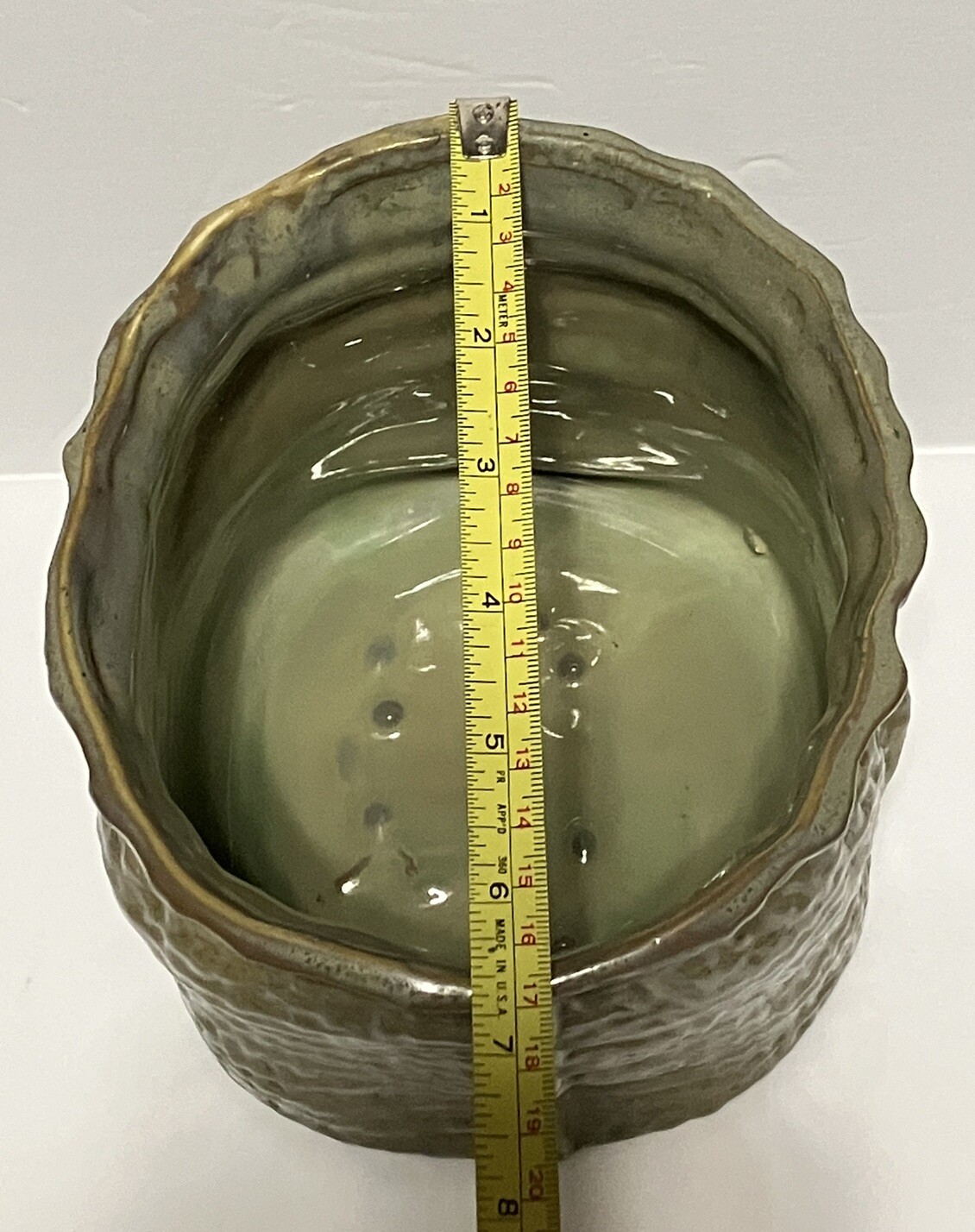 Vintage McCoy Glazed Pottery Green Burlap Sack Planter / Vase #1629 6.75 Inches