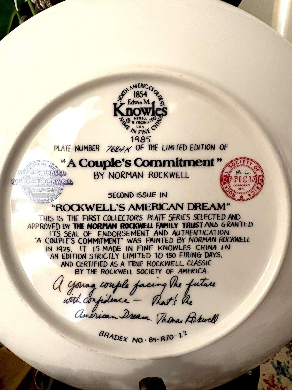 Vintage Normal Rockwell Fine China Collectible Decorative Plate 1985 Decor
