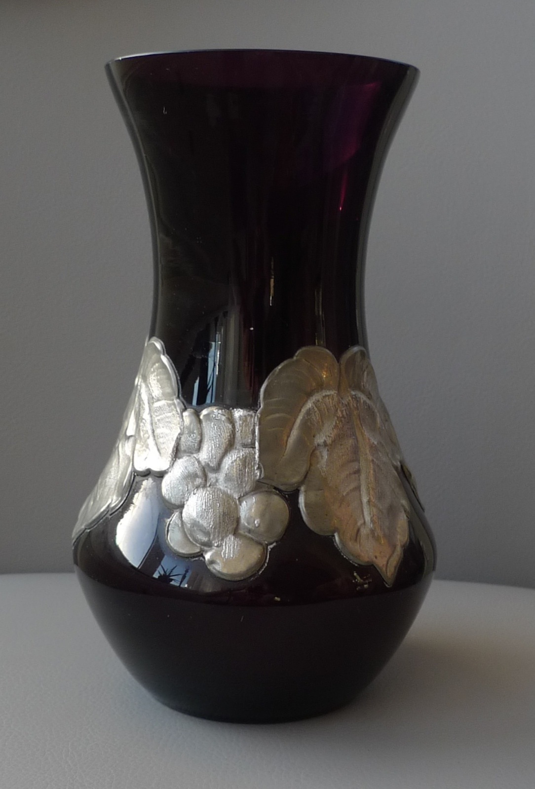 Art Nouveau Vase Purple Glass with Pewter Mounts Grapes Leaves Height 20.5cm