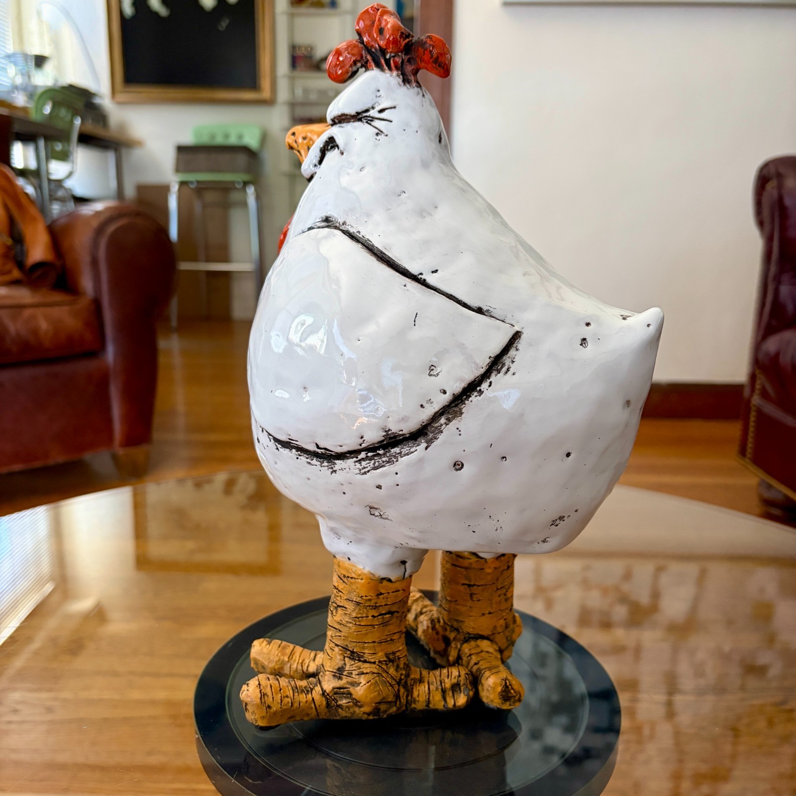 Signed European Studio Pottery Chicken Sculpture 12.5″ Folk Art Ceramic Large