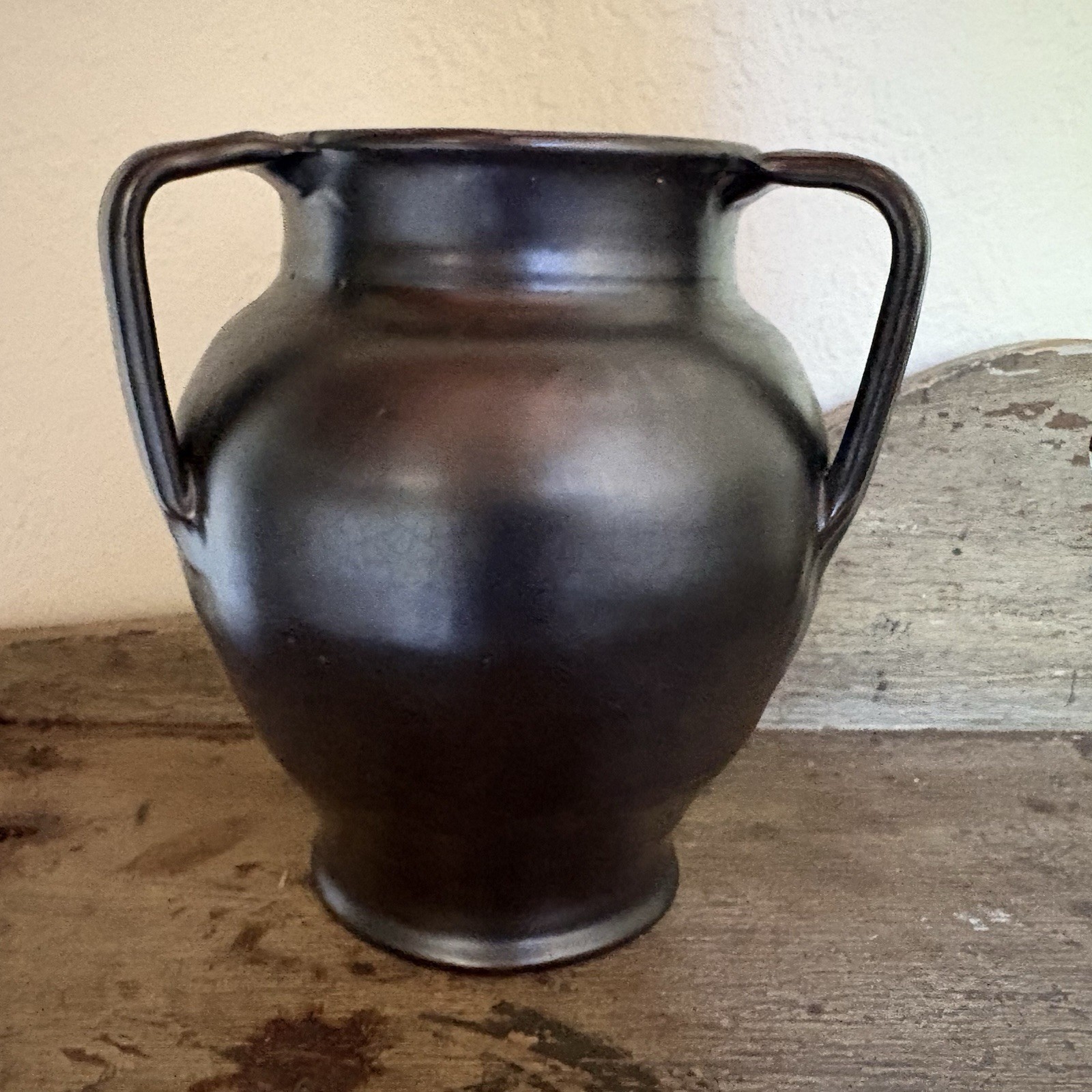 Vintage 1930s North Carolina Pottery Gunmetal Glaze Three Handles
