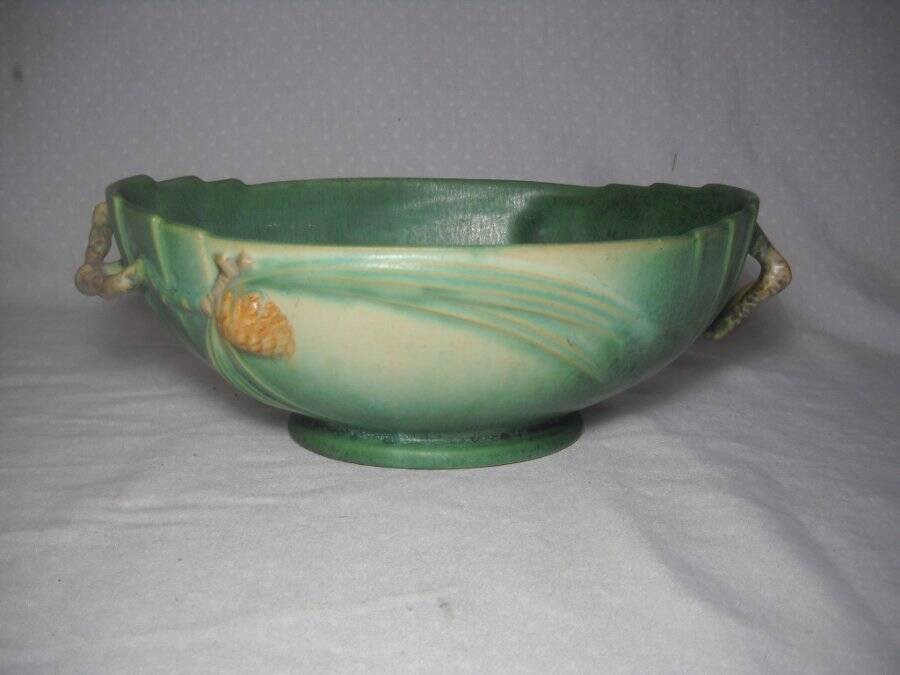 1935 Roseville Pinecone Handled Oval Green 9.5″ Bowl #279 No Chips or Cracks