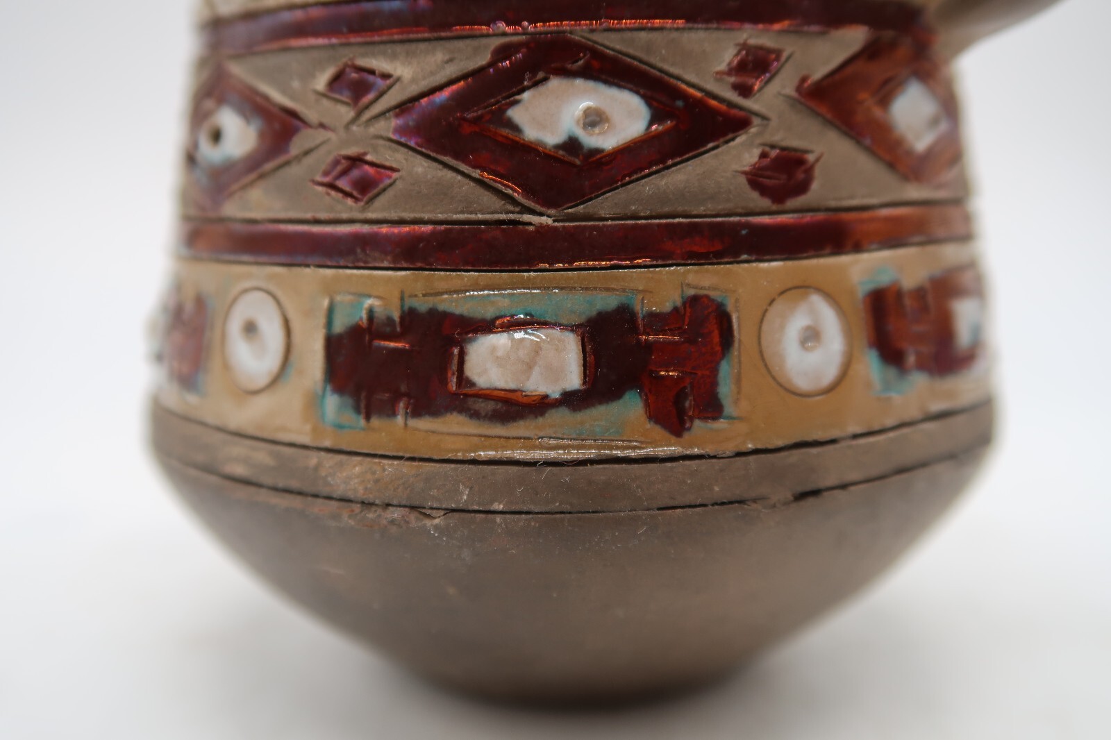 Vintage Clay Handled Cup W/ Tribal Design and Flash Glazed Interior