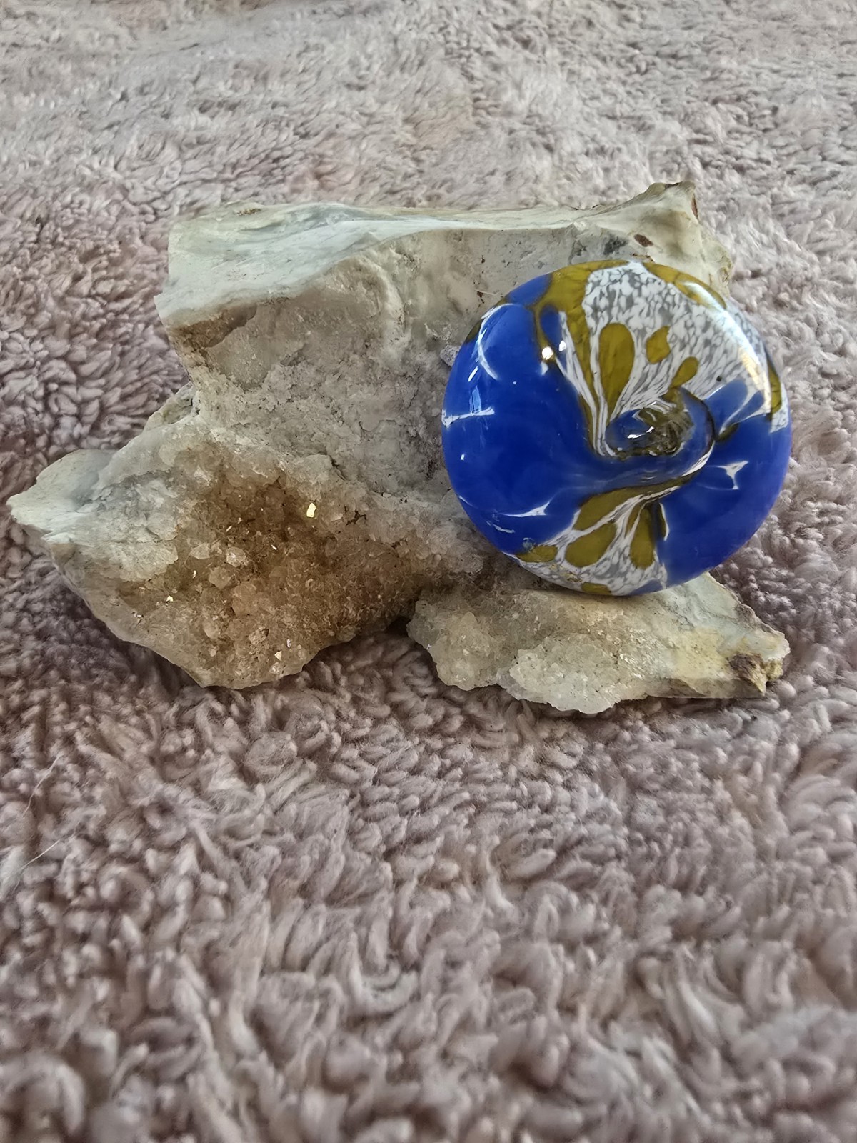 Artisan Lampwork Art Glass Focal Bead Blue Gold White Floral Donut Pendant Bead