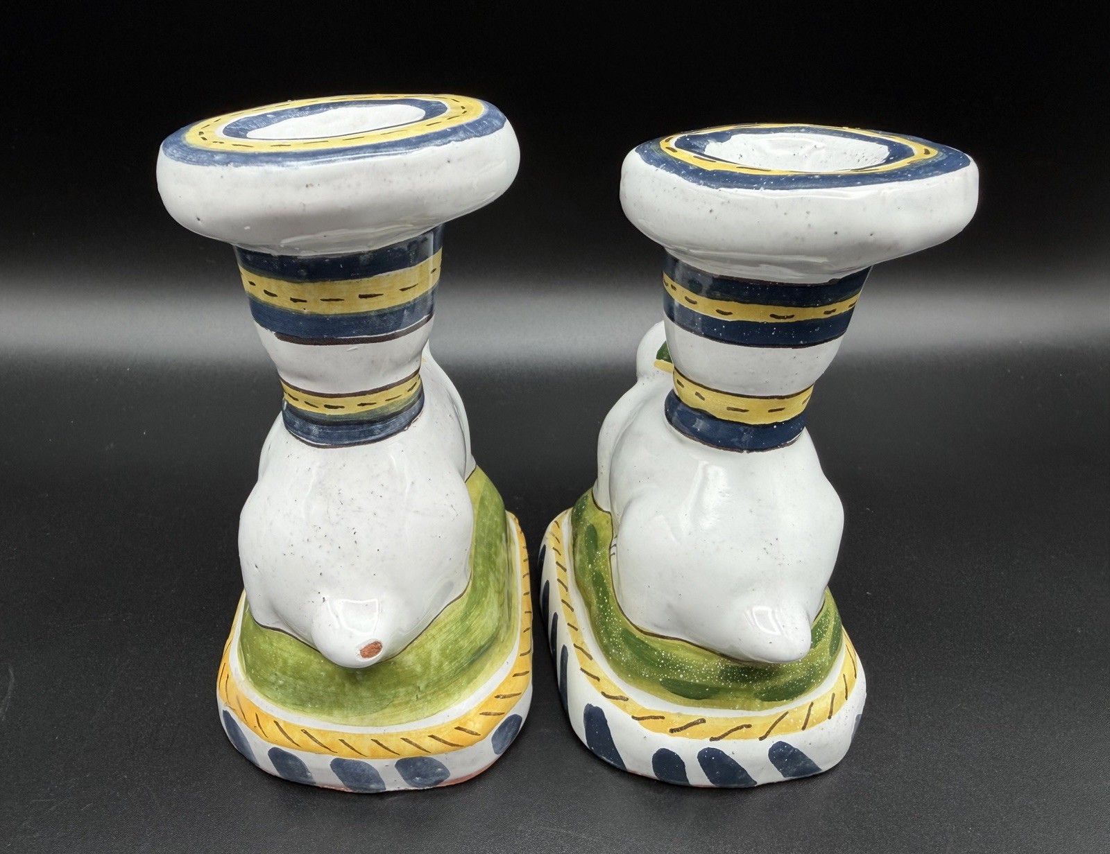 Art Pottery Bunny Rabbit Candle Holders 5” Hand Painted Pair Easter Portugal
