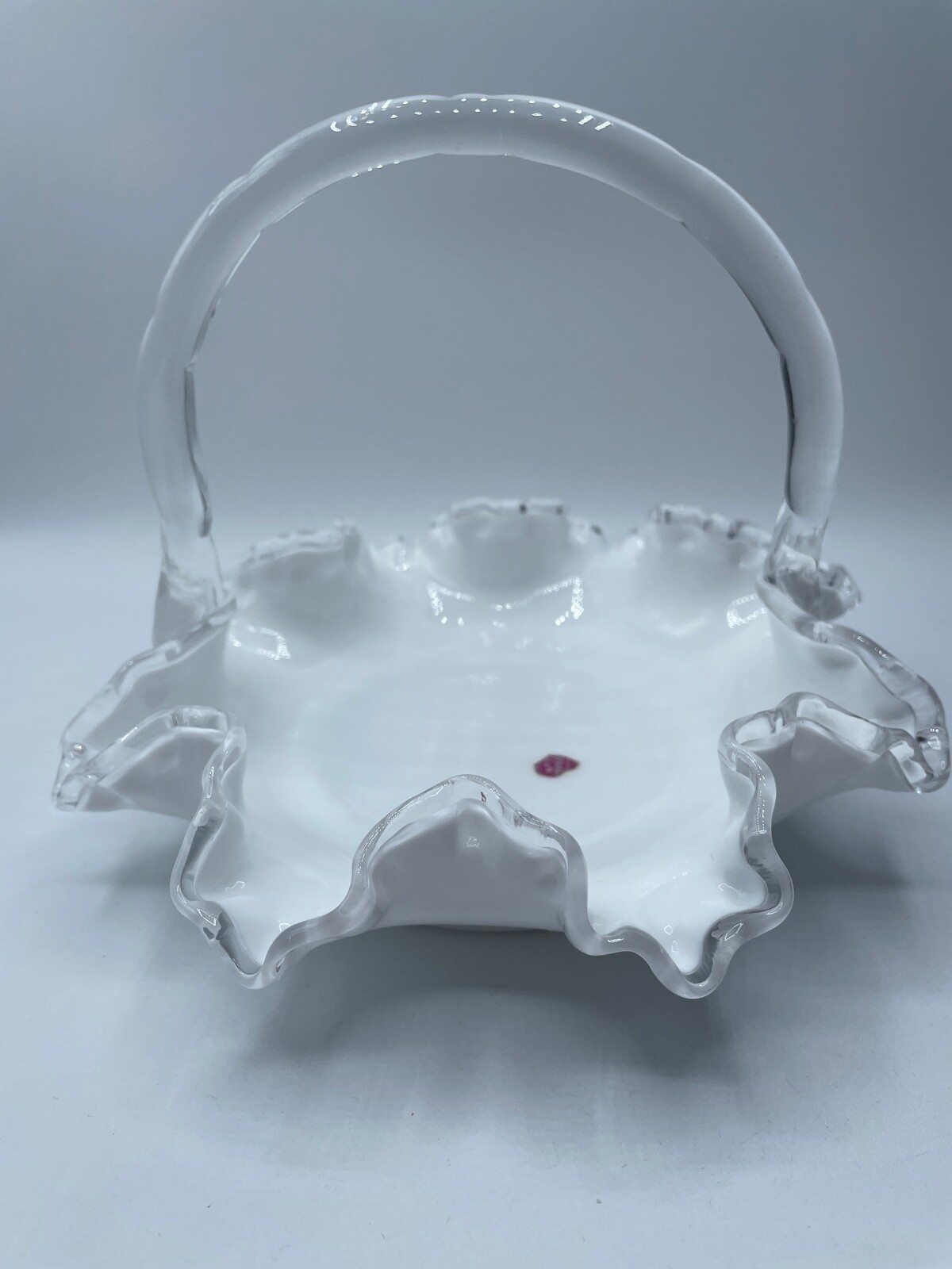 Vintage Fenton Silver Crest Ruffle Rim Bowl with Handle 8″ White Milk Glass