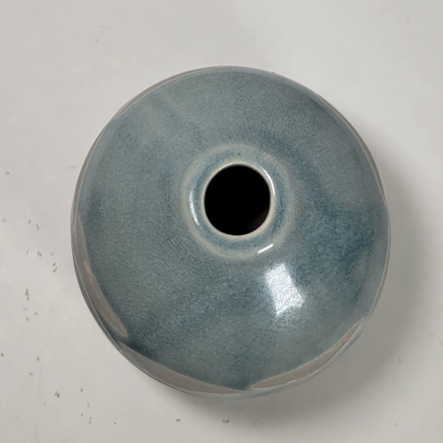 Unique Teal and Gray Vase, Crackle Glaze 3.75″ tall